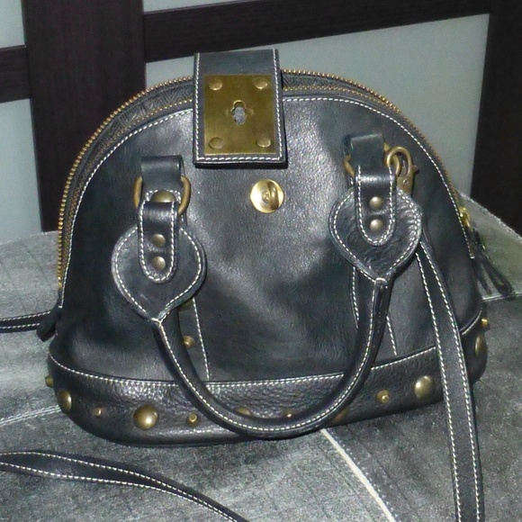Le Solim Studded Black Leather Satchel - Picture 6 of 7